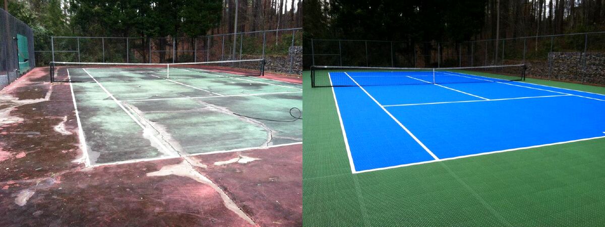 Tennis court resurfacing before and after